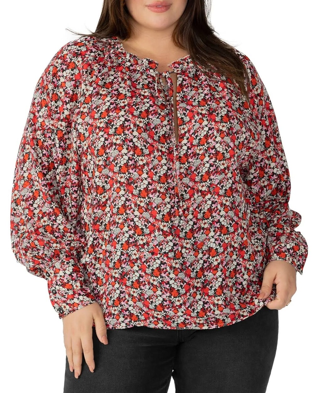 Sanctuary Womens Floral Print Blouse Plus 2X Tie Neck Ruffle Red